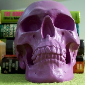 purple plastic skull and books / shivers soundcloud logo