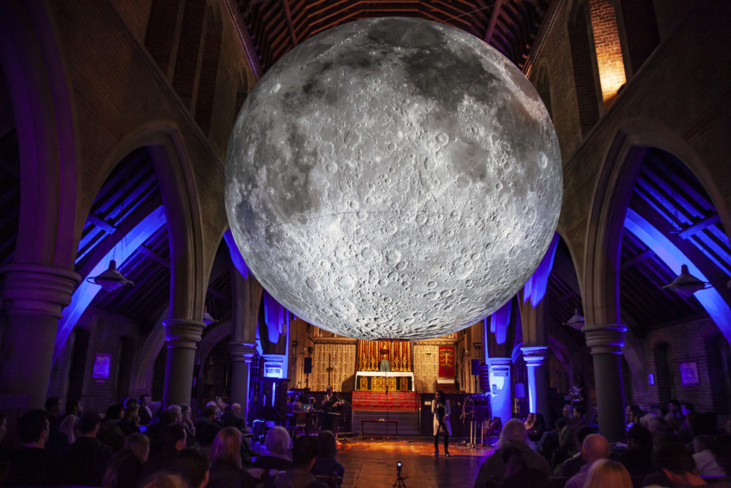 Greta Pistaceci and Laura Sampson beneath Luke Jerram's Museum of the Moon at LUNAR DREAMS, Fri 18th Oct 2019
(c) Bloomsbury Festival / Stuart Keegan